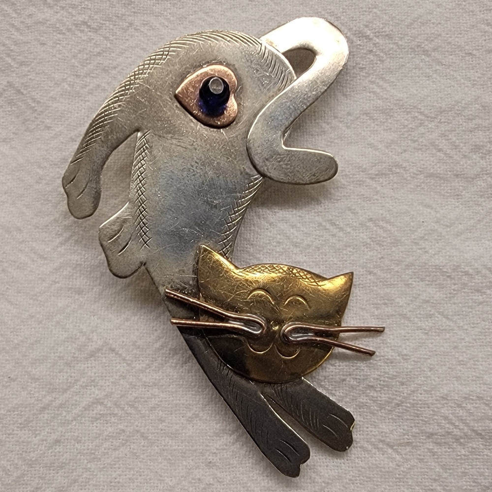 Silver and Copper Cat Brooch